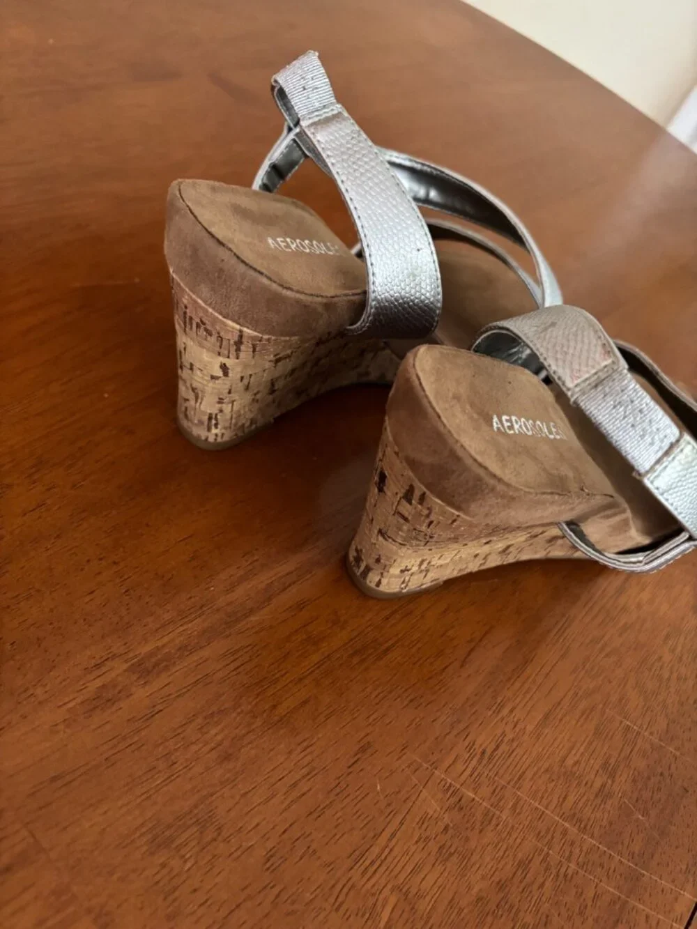 Aerosoles Wedge Women Strappy Sandal Size 9 Silver Metallic Pewter Cork NEW